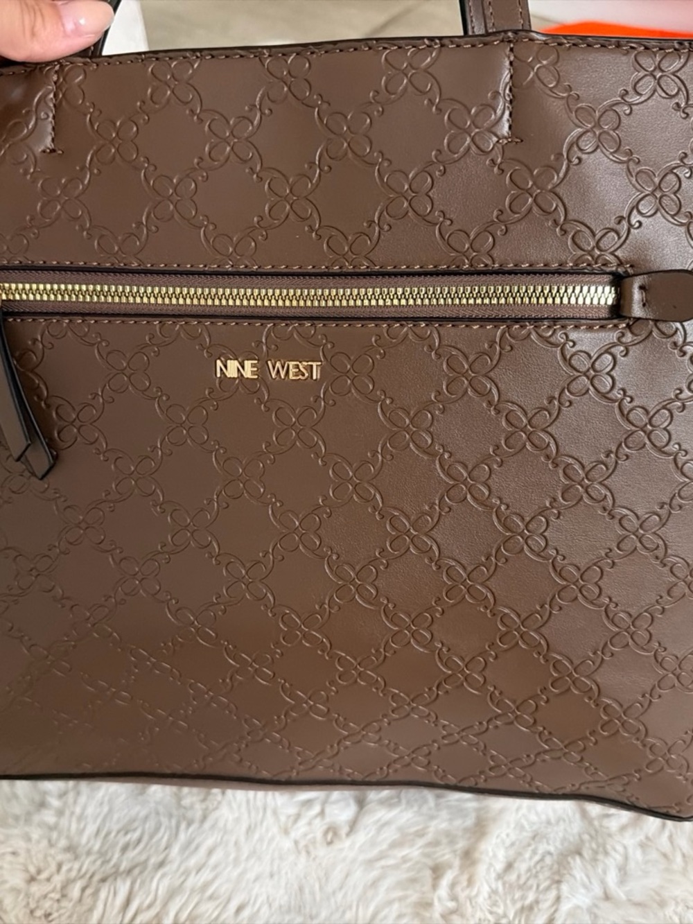 Nine West Chocolate Brown Embossed Tote with Gold Accents